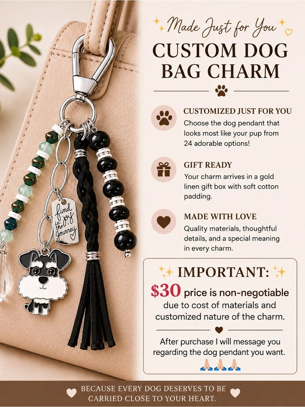 Hand Crafted TERRIER Bag Charm Key Ring w/“FIND JOY IN THE JOURNEY” - Picture 7 of 10